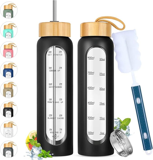 32 oz Glass Water Bottles with Straw - Motivational Glass Water Bottle with Time Marker & Silicone Sleeve - Reusable Glass Tumbler Includes 2 Bamboo Lids & Fruit Infuser - 1 Pack