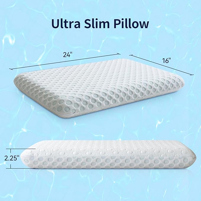 Ultra Thin Pillow 2.25" Stomach Sleeping, Gel Memory Foam Flat Pillow for Stomach and Back Sleepers, Slim Design Memory Foam Pillow with Two-Sided (CertiPUR-US, Standard Size)