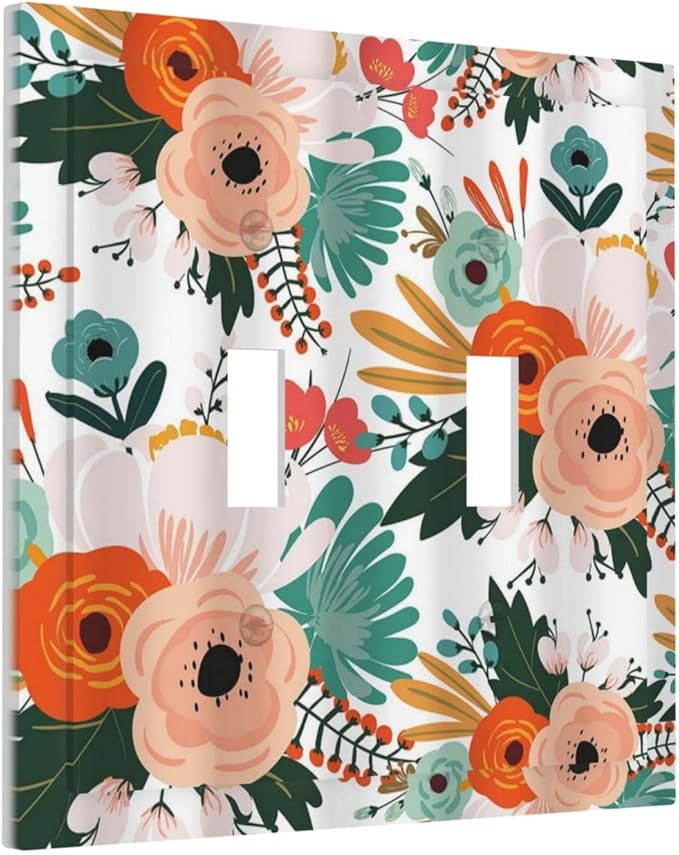 Rustic Floral Boho Colorful Flower Double Toggle Light Switch Covers 2 Gang Wall Plate Dual Decorative Switchplate Electrical Faceplate for Farmhouse Bathroom Bedroom Kitchen Decor