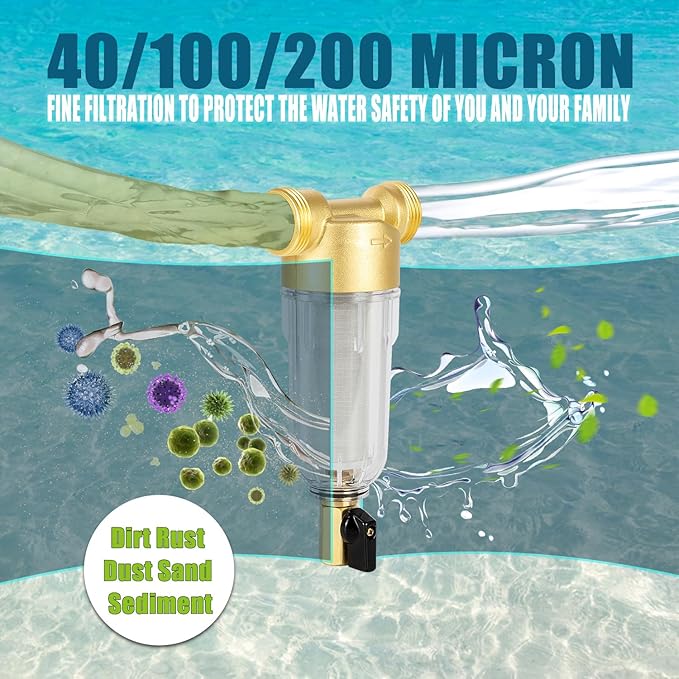 WHC40 Sediment Filter,40 & 100 & 200 Micron Spin Down Water Sediment Filter,Reusable Whole House Sediment Water Filter, Pre-Filtration System for Well Water 1" MNPT + 3/4" FNPT + 3/4"MNPT