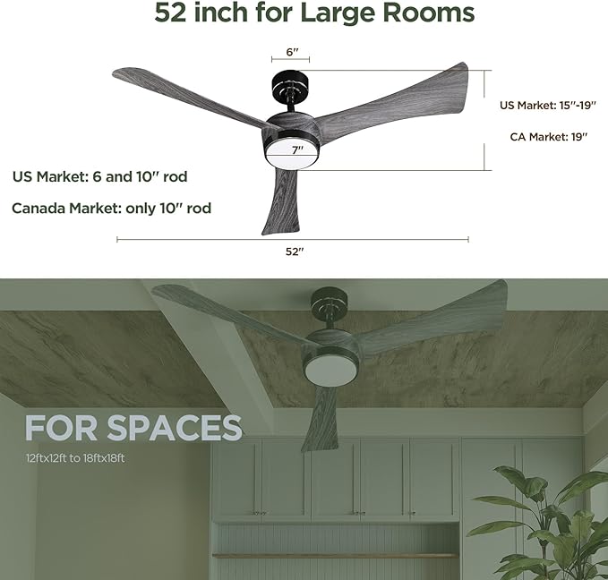 Ceiling Fan 52'' With Light: Modern Remote Control Fans with Water Transfer Printing 3 Blades - Quiet Reversible DC Motor - Outdoor Indoor
