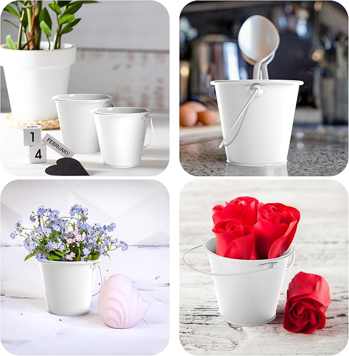 Small Metal Buckets with Handle 12 Pcs – Galvanized Bucket Leak Proof & Rust Resistant 8 fl oz Capacity - Best for Party Décor, Organizing & Decorating Classrooms (Mini 3.3" Top, White)