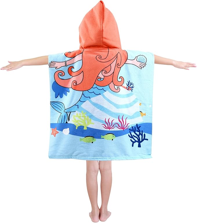Kids Blue Mermaid Hooded Beach Towel Girls Cute Poncho Pool Towels with Hood 24*47 in Soft Microfiber Swim Cover-ups Kids Ages 3-10 Thick Absorbent Cotton Hooded Bath Towel Wrap Bathrobe