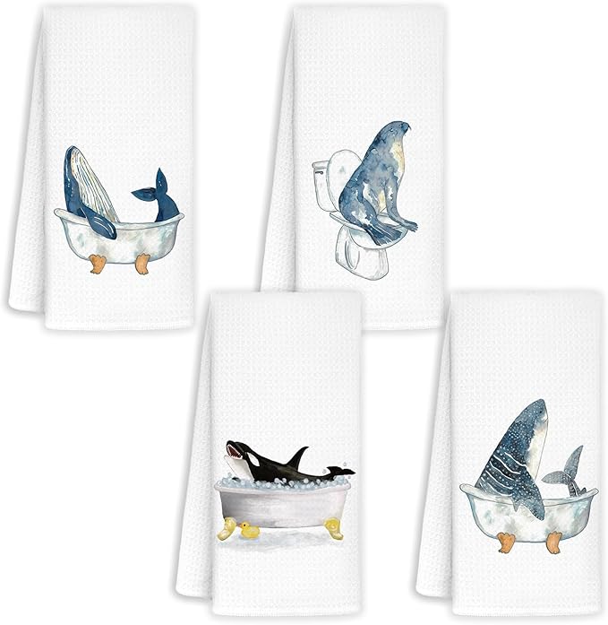 Whale Shark Seal Coastal Beach Hand Towels for Bathroom Set of 4 - Nautical Hand Towels for Bathroom,Whale Decor, Nautical Beach Bathroom Decor,Ocean Bathroom Decor,16x24