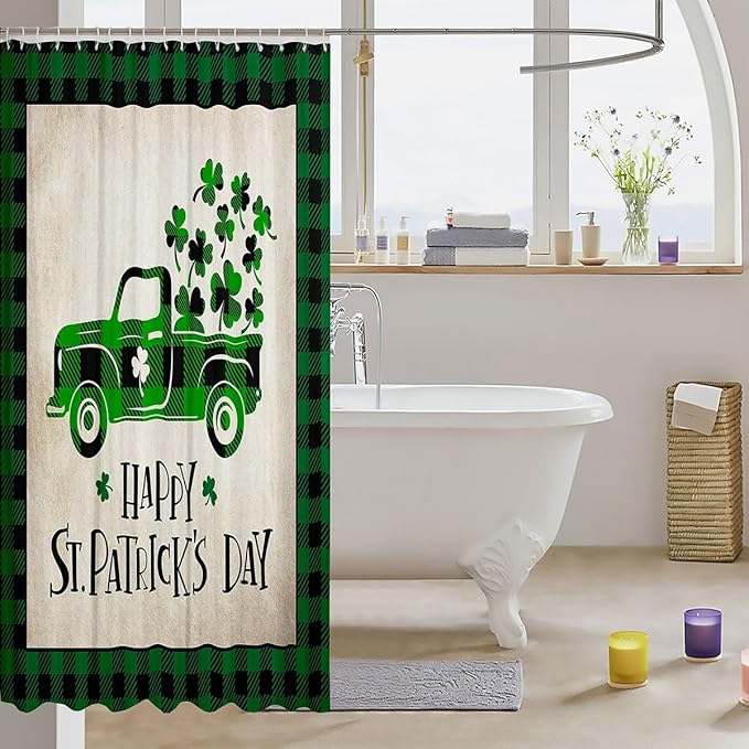 Manfei Happy St. Patrick's Day Kids Shower Curtains,Cartoon Truck Leaf Irish Bathroom Curtains for Girls Boys,Geometric Grids Patchwork Green Retro Waterproof Curtains,12 Hooks Suits,72" W x 84" L