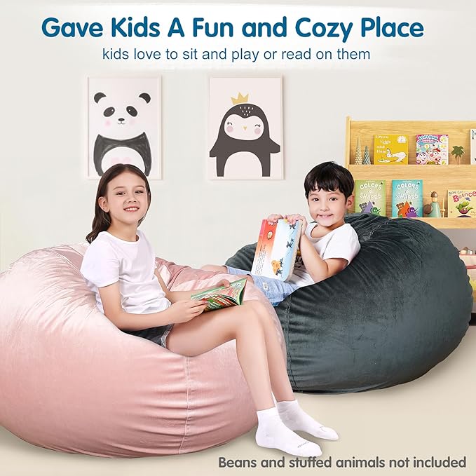 Lukeight Stuffed Animal Storage Bean Bag Chair Cover for Kids, Zipper Beanbag Chair Cover for Organizing Toddler and Kids' Rooms Plush Toys (Dark Gray Velvet, XX-Large)