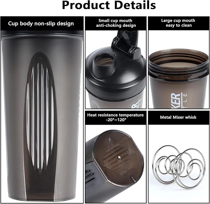 Shaker Bottle, 600ml Classical Protein Shaker Cup with Mixing Ball for Smooth blending, Leak-Proof GYM Workout Water Bottles for protein& Smoothie Shake,Bpa Free (20oz / Black)