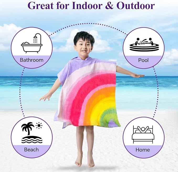 Rainbow Bath Beach Poncho Towel with Hood for Kids Boys and Girls for Shower, Pool, Swim,Beach, Super Soft 100% Cotton Towel