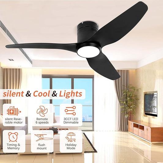 Black Ceiling Fan with Light Remote 52in 6Speed Silent Reversible Motor 3CCT Dimmable LED Flush Mount Low Profile Fan Timer Memory Function Modern Plastic Blade Vacation Mode Indoor Outdoor