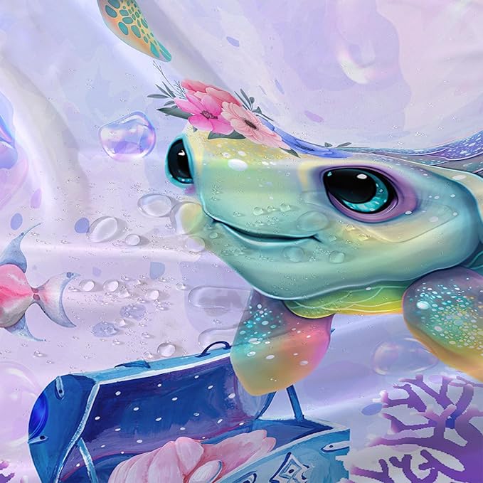 AILONEN Kawaii Sea Turtle Shower Curtain,Tie Die Ocean Animal Themed Bath Curtain Cloth Fabric Bathroom 48" W*72" H Inch,12 Pack Hooks for Kids,Sea Animal with Treasure Box Bathroom Curtain