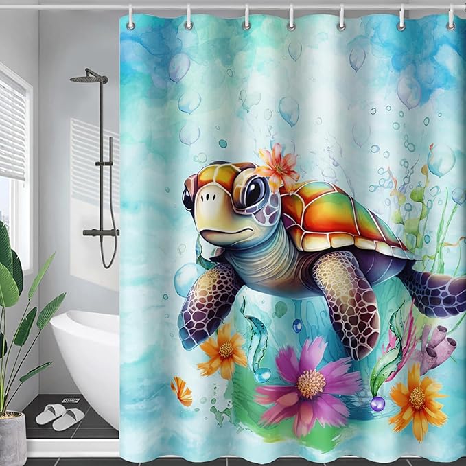 AILONEN Cute Sea Turtle Shower Curtain,Boys Kids Ocean Turtle Bath Curtain with 12 Plastic Hooks,Watercolor Sea Turtle Decorative Waterproof Curtain 60" W*72" H