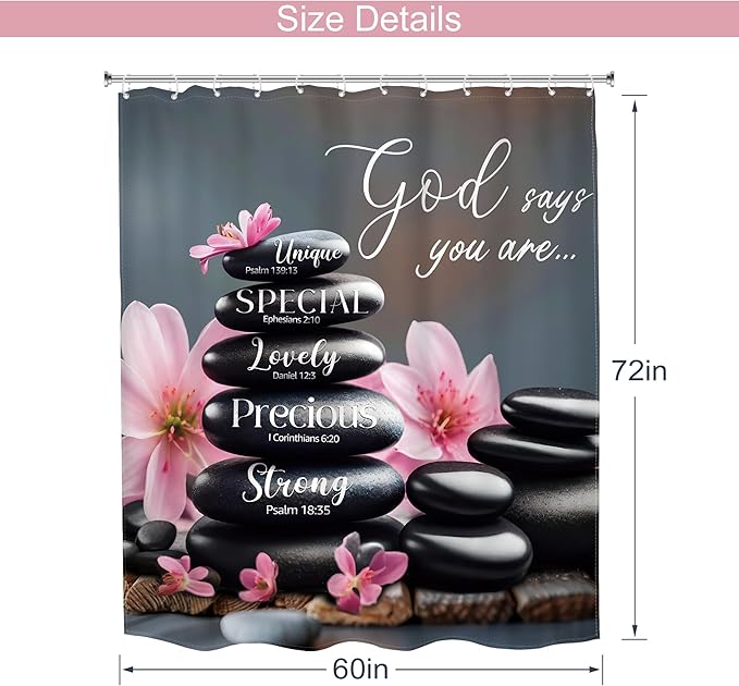 MESHELLY Zen Black Pink Shower Curtain 60Wx72H Scripture Flower Spa Relaxing Meditation Massage Bathroom Curtain Quotes Stone Bible Verse Bath Curtain Fabric Bathroom Accessories Decor with 12 Hooks