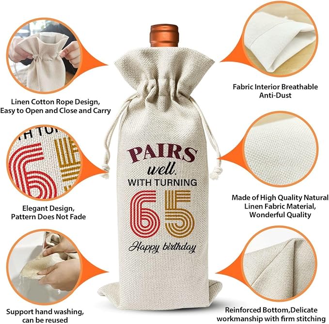 65th Birthday Wine Gift Bag For Mom Dad Women Men Her Him Grandfather Grandmother, 1959 Birthday Gift, 65th Birthday Party Decoration Favors, 65th Anniversary Wine Bag, Linen Wine Bag Gift