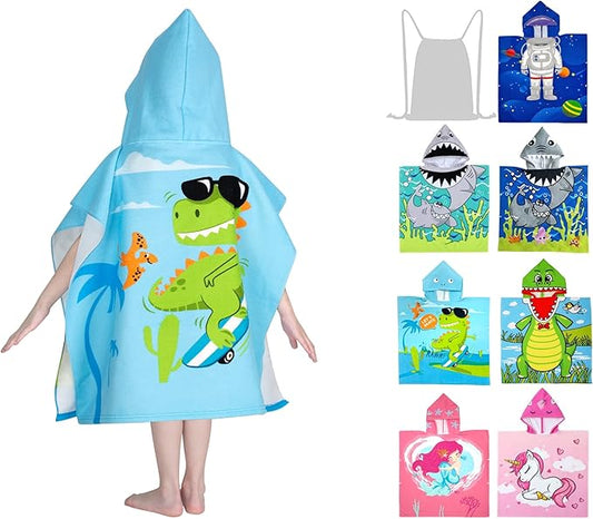 Hooded Kids Beach Towels - Toddler Bath Towel Girls Boys Swim Cover-ups for Ages 4 to 10 Kids Pool Towels Quick Dry Lightweight Soft Microfiber Poncho 30x30 with Bag (Dino Skating)