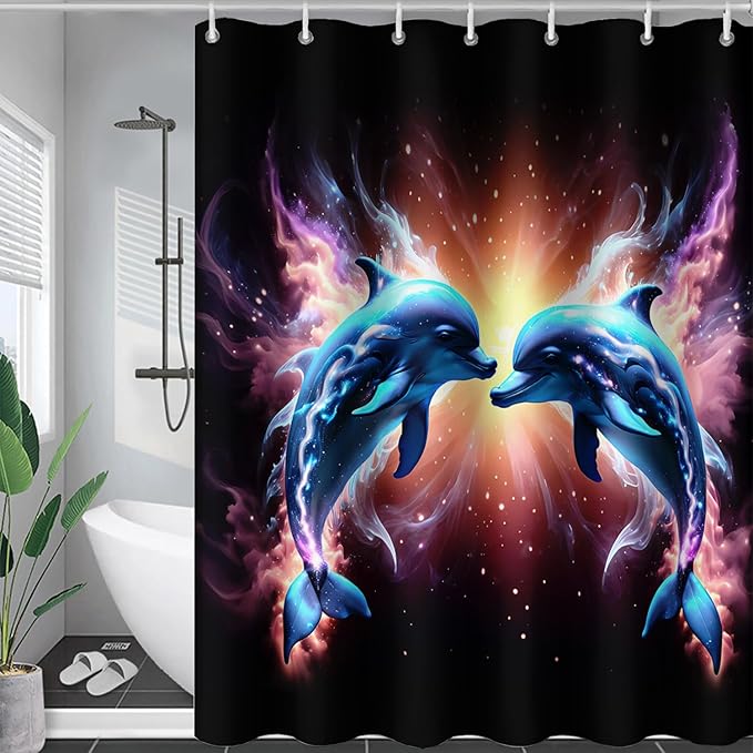 AILONEN 3D Dolphin Shower Curtain for Bathroom, Cute Kawaii Blue Ocean Dolphin Bath Curtain,Fantasy Smoky Print Black Curtain Waterproof with 12 Plastic Hooks for Boys Girls 36" W*72" H