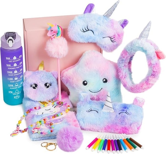 Unicorns Gifts for Girls 5 6 7 8 9 10+,Kids Unicorn Toys Set with Light Up Star Pillow/Headband/Eye Mask/Water Bottle/Pencil Case/Diary Birthday Gifts