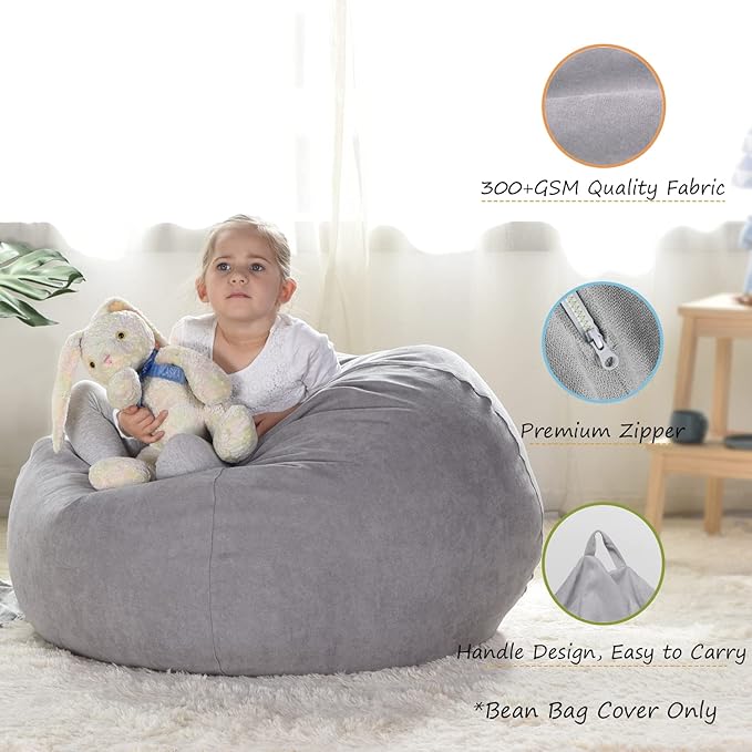 YuppieLife Stuffed Animals Bean Bag Chair Cover Candy-Colored Bean Bag(Just Cover, No Filling)/Extra Large Stuff 'n Sit Organization/Toy Storage Bag/Kids Toys Organizer(38'',Grey)