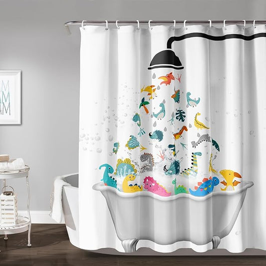 AILONEN Cute Dinosaur Shower Curtain for Kids 72" W*72" H Inch,Funny Dinosaur Animals Playing Water Shower Curtains,12 Pack Hooks Polyester Waterproof Fabric Decor for Bathroom Bathtub Panels