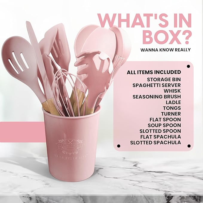 Silicone Utensil Set, 12 PCS Wooden Handle Nontoxic BPA Free 100% Food Grade Silicone Spoon Spatula Ladle Turner Tongs Kitchen Gadgets Utensil Set for Nonstick Cookware (Pink)