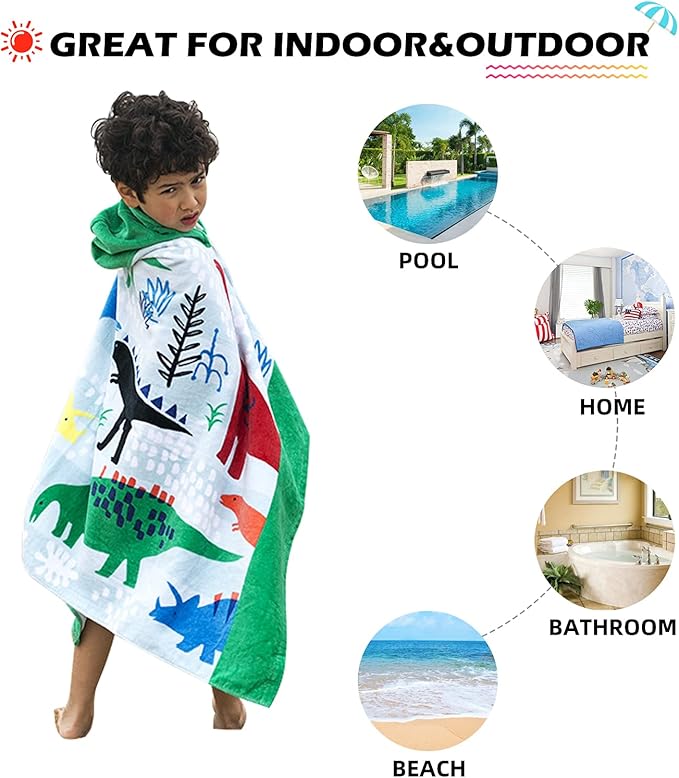 BANGSAUR Kids Hooded Bath Beach Towel, 100% Cotton 50"x30" Wrap, Toddlers Girls Boys 3-12 Years Coverup(Dinosaurs)
