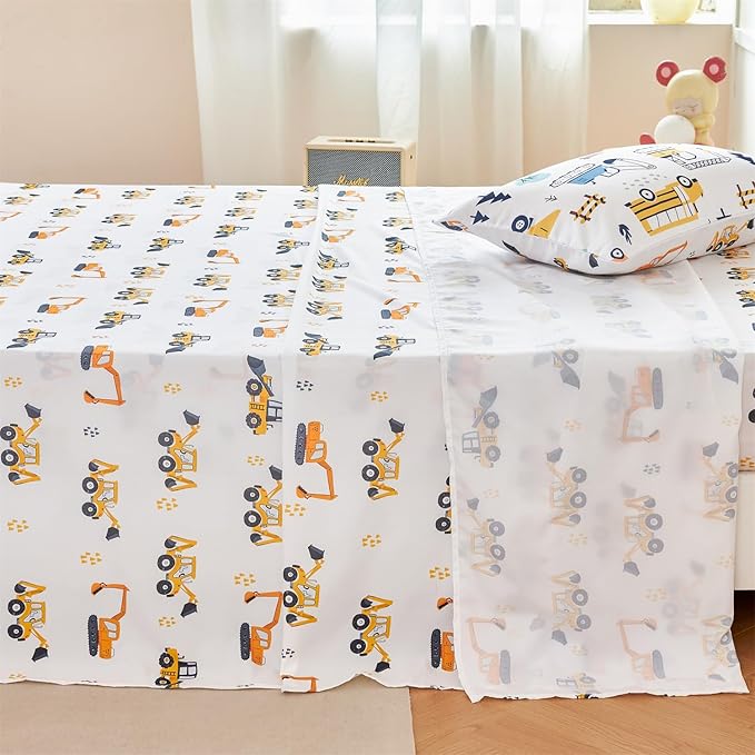 RYNGHIPY Twin Sheets Set Kids Boys: Construction Excavator Bed Sheet Set for Toddler Children - Deep Pocket Wrinkle Free Bedding Set (White Yellow,Twin)