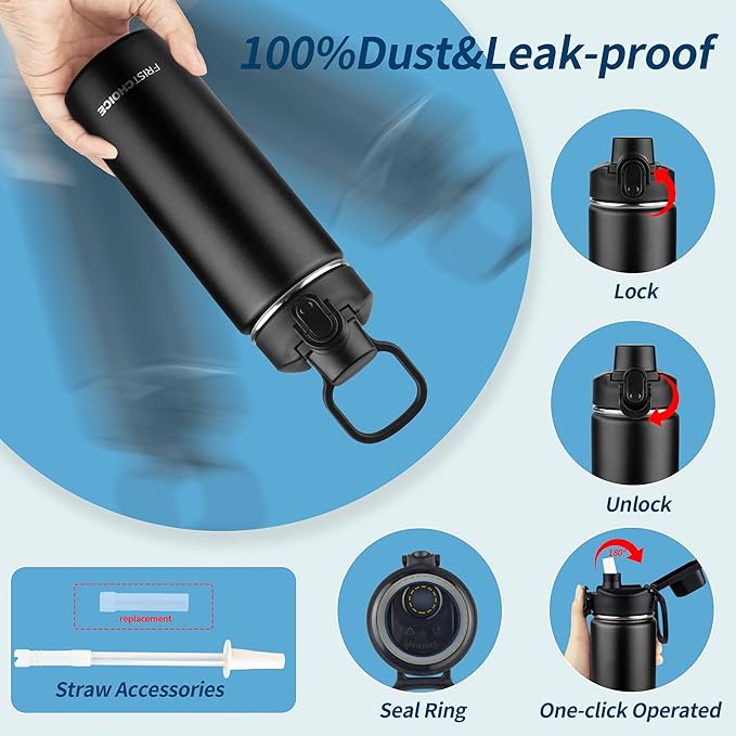 Insulated water bottle with Straw,18oz Stainless Steel Water Bottle for Adult Kids,Double Wall Vacuum Wide Mouth Insulated Water Bottle for School,BPA-free and Leak-proofοΌ18oz,BlackοΌ