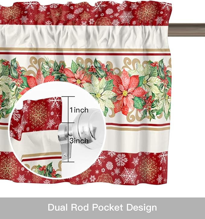 Watercolor Poinsettia Christmas Valance Curtains for Kitchen Windows Red Xmas Winter Holiday Rod Pocket Window Treatment Toppers for Kitchen/Living Room/Bedroom/Bathroom, 60" X 18", Gold White