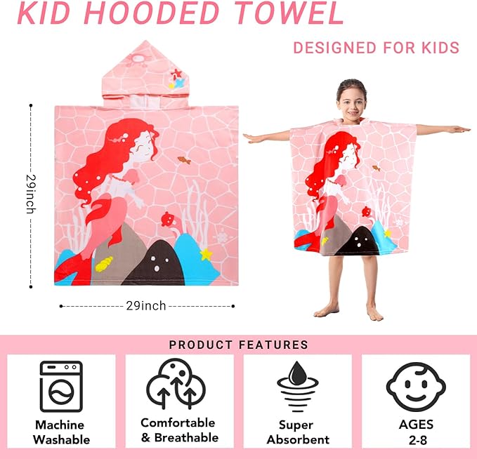 Kids Pink Mermaid Hooded Beach Towel Girls Cute Poncho Pool Towels with Hood 29*59" Soft Microfiber Swim Cover-ups for Kids Ages 3-10 Thick Absorbent Cotton Hooded Bath Towel Wrap Bathrobe