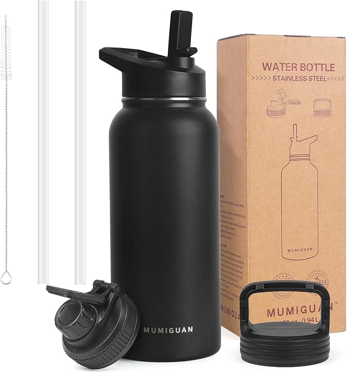 32oz Insulated Water Bottle with 3 Lids(Straw, Hand and Spout Lid), Double Vacuum Stainless Steel Metal Water Flask(BPA-free, CPC) for Sports, Camping, Hiking, Cycling, Fitness and more(Black)