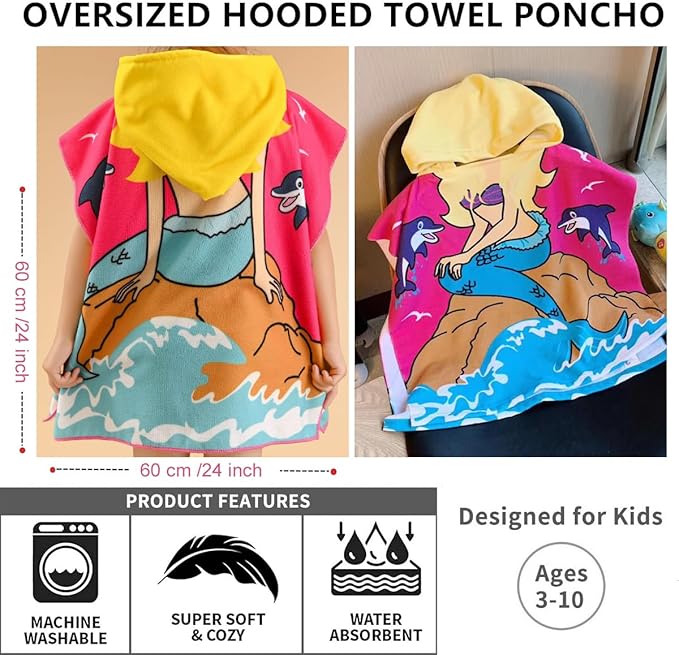Hooded Kids Beach Towels - Soft Microfiber Poncho Towel for Ages 1 to 6, Quick Dry & Lightweight Swim Cover-ups, Ideal for Boys and Girls