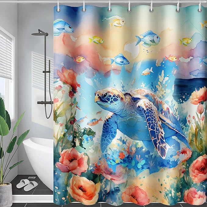 AILONEN Sea Turtle Shower Curtain,Watercolor Sea Turtle Bath Curtain for Girls Girls,Ocean Animal Fish Tie Dye Flower Shower Curtain for Bathroom Decor Waterproof with 12 Plastic Hooks, 60" W*72" H