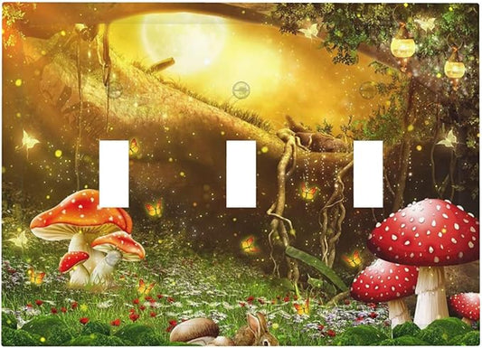 Red Mushroom Forest Fairy Moon Butterfly 3 Gang Bohemian Light Switch Covers Decorative Triple Toggle Wall Plate Electrical Faceplate Switchplate for Kidroom Nursery Bedroom Decor