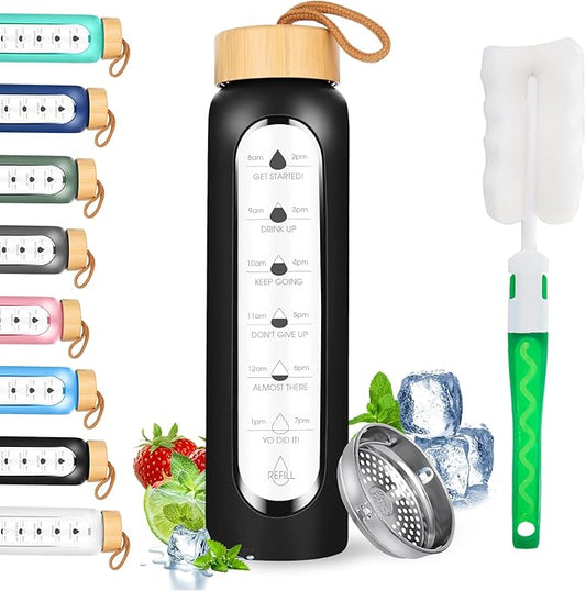 32 Oz Borosilicate Glass Water Bottle with Times to Drink | BPA Free - Reusable Wide Mouth Glass Motivational Water Bottles with Infuser & Silicone Sleeve (black)