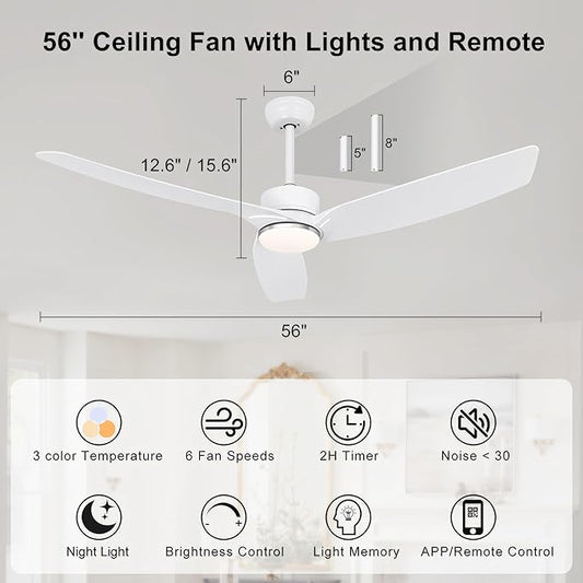 Ohniyou 56 Inch White Ceiling Fan with Lights, Modern 3 Blades Ceiling Fan with Remote/APP Control, Reversible DC Motor, Dimmable 3 CCT, Indoor Outdoor Ceiling Fan for Covered Patios Living Room
