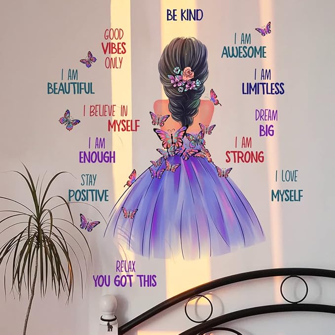 Butterfly Girl Inspirational Wall Stickers, Motivational Lettering Quotes Butterfly Wall Decals Removable Vinyl Peel and Stick for Woman Kids Baby Nursery Bedroom Toddler Room Art Decoration