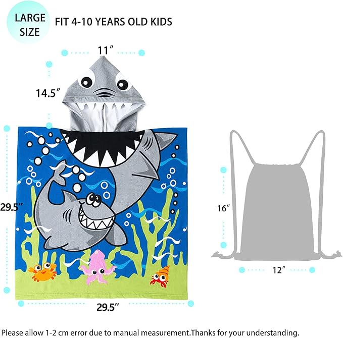 NovForth Kids Beach Towel for Boys Girls, Shark Hooded Bath Towel Wrap, Toddler Pool Towel with Hood