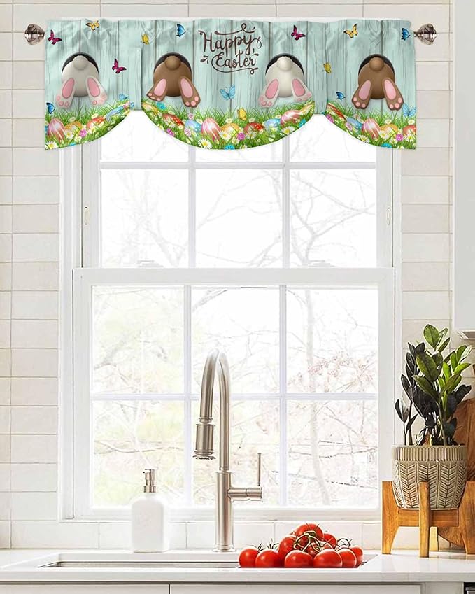 Spring Easter Blackout Tie Up Valance Curtains for Kitchen Windows Funny Bunny Tails Rabbit Window Toppers Balloon Shades for Living Room/Bathroom/Bedroom,1 Panel, 54" X 18",Floral Farmhouse