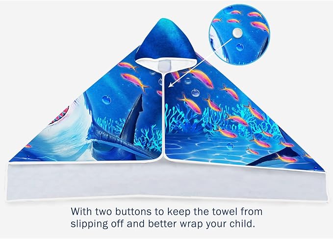 Shark Beach Towel, Shark Towel for Kids with Hood, Ocean Fishes Hooded Towel for Boys 30" x 50", Funny Sea Animals Microfiber Absorbent Soft Bath Towel Poncho Bathrobe for Swin Pool