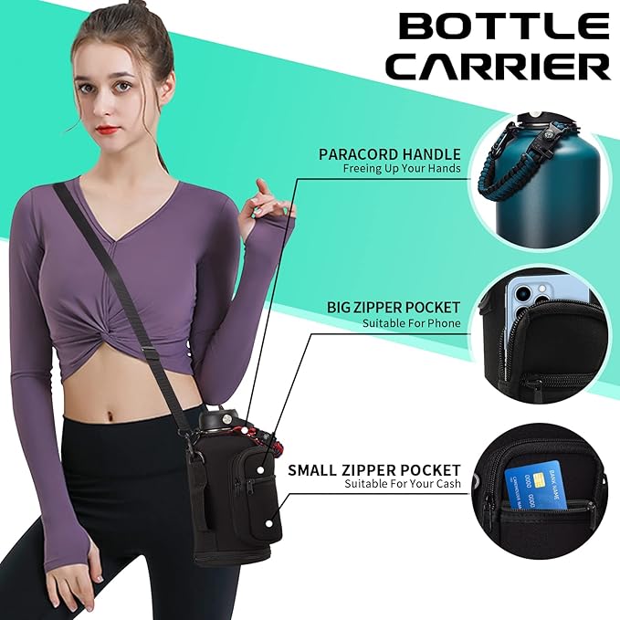 Half-gallon Insulated Water-Bottle with Straw - Stainless Steel Thermo Jug with Spout Straws Lids, Paracord Handle & Bottle Sleeve, 64OZ Vacuum Thermo Bottle for Outdoor Working Camping Trip