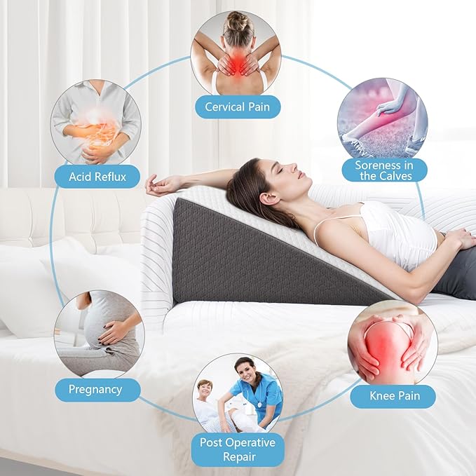 Wedge Pillow for Sleeping, 7.5 Inch Bed Wedge Pillow for Headboard, Wedge Pillow for Acid Reflux, After Surgery, Snoring, Cooling Memory Foam Top Triangle Pillow Wedge, Removable Cover