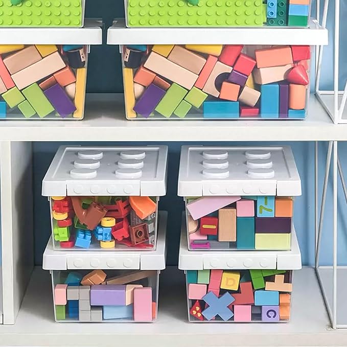 loobuu Plastic Storage Bins with Lids - Stackable Toy Storage Organizer Box Set of 2, Kids Toy Chests with Compatible Building Baseplate and Lid, Storage Container for Building Bricks & Toys- White