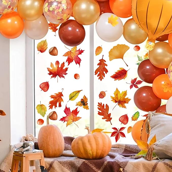 Fall Window Clings for Glass Windows Autumn Maple Leaf Window Static Stickers Double-Sided Leaves Hazelnut Window Door Cling Removable Reusable Stickers Thanksgiving Window Door Decor