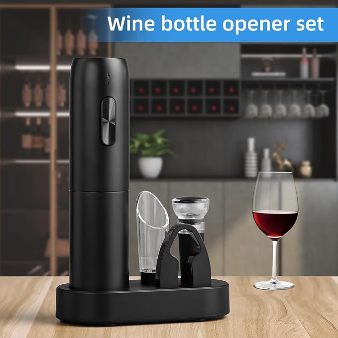 Wine Opener Electric Wine Bottle Openers Electric Wine Openers Set with Rechargeable Base Automatic Wine Opener Rechargeable with Foil Cutter Vacuum Preservation Stoppers Wine Dispenser Storage Base