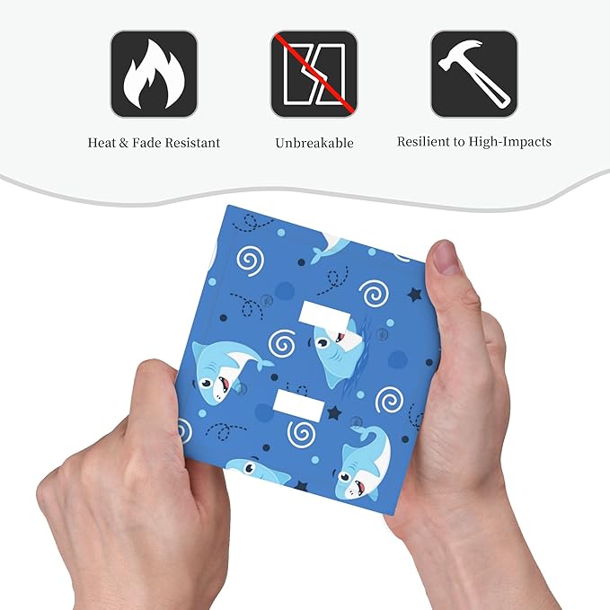 Cute Sharks Cartoon Double Toggle Light Switch Covers 2 Gang Wall Plate Dual Decorative Switchplate Electrical Faceplate for Bathroom Country Kitchen Bedroom Decor, 4.9" x 5"