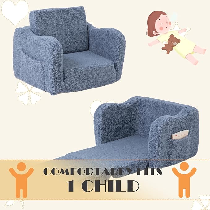 Baby Toddler Sofa Couch for Kids Foldable 2-in-1 Sherpa Fold Out Couch Bed for Playroom, Pull Out Children Convertible Sofa to Lounger Sleeper Chair for Boys & Girls with Double Pockets - Dark Grey
