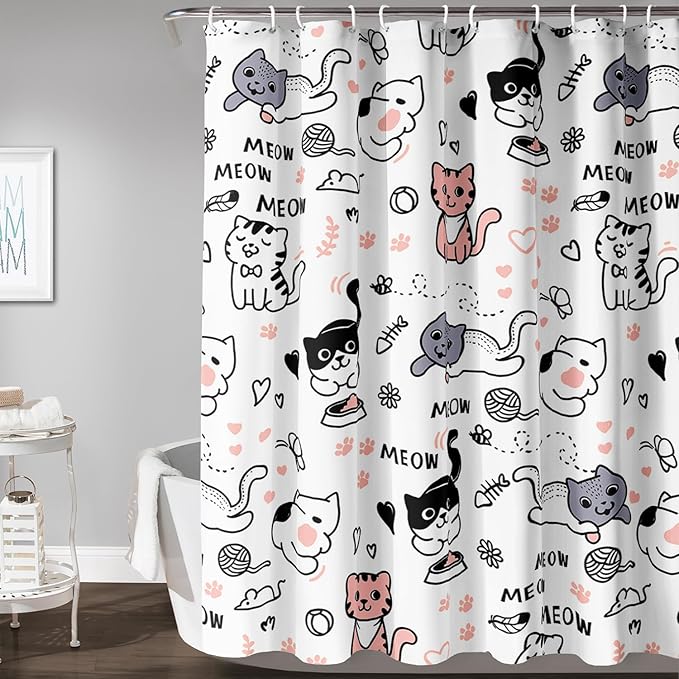 AILONEN Cat Shower Curtain, Cute Cat Cartoon Pet Cat Kitten Bathroom Curtain,Cat Paw Print Cat Lover Bath Curtain 72" W*72" H Polyester Waterproof Bathroom Curtain with 12 Hooks