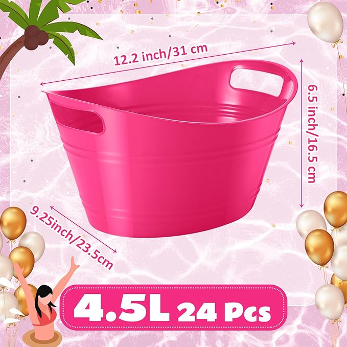 Norme 24 Pcs Oval Storage Tub with Handles, 4.5L Plastic Ice Bucket Wine Beer Champagne Bottle Drink Cooler Tub for Parties Beverage, Storage Basket (Rose Red)