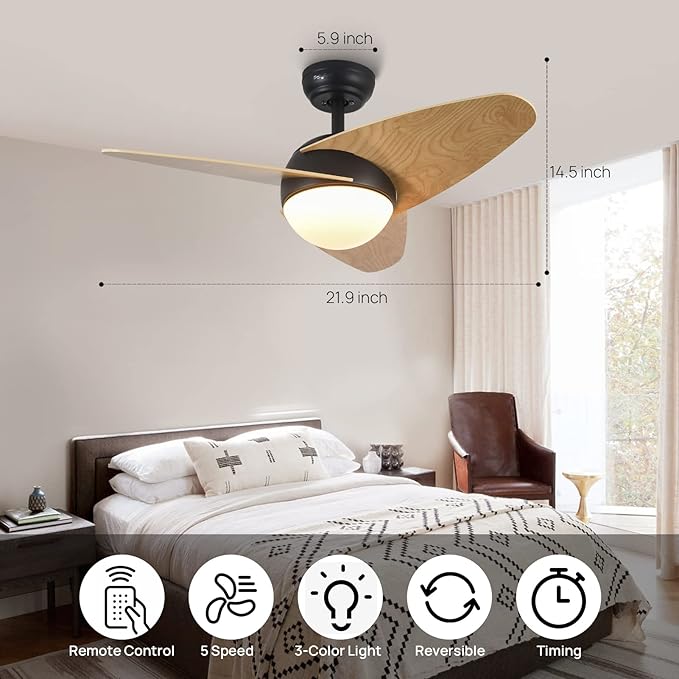 36" Ceiling Fans with Remote Control, Modern Ceiling Fans with Lights, Quiet Ceiling Fan with LED Light, Reversible DC Motor, 3 Colors, 5 Wind Speeds and Timer Function for Bedroom Living Room