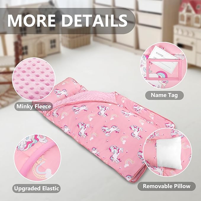 Nap Mat- Toddler Nap Mat with Pillow & Fleece Blanket- 55''*35''*3''Nap Mat for Toddlers- Nap Mats for Preschool, Daycare