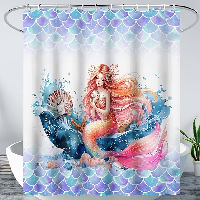 AILONEN Mermaid Shower Curtain,Watercolor Whale and Mermaid Bath Curtain,Beautiful Mermaid Princess Shower Curtain Ocean Fish Scale Print Curtain Waterproof with 12 Plastic Hooks, 48" W*72" H